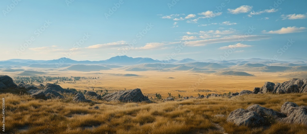 A panoramic view of a vast golden landscape, showcasing rolling hills under a clear blue sky dotted with white clouds. A panoramic view of a vast golden landscape, showcasing rolling hills under a clear blue sky dotted with white clouds.