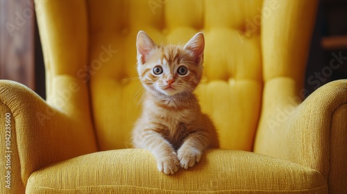 A playful orange kitten rests comfortably on a bright yellow armchair in a co...