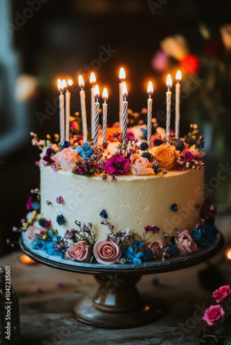 Decorated birthday cake with candles and flowers on a rustic table at an even...