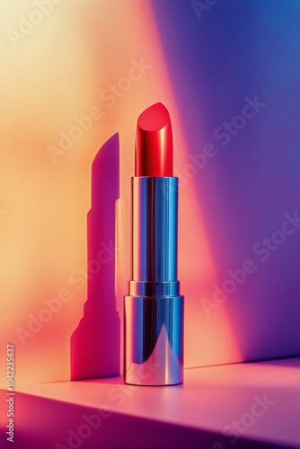 A vibrant red lipstick stands elegantly against a vivid pink backdrop in a mi...