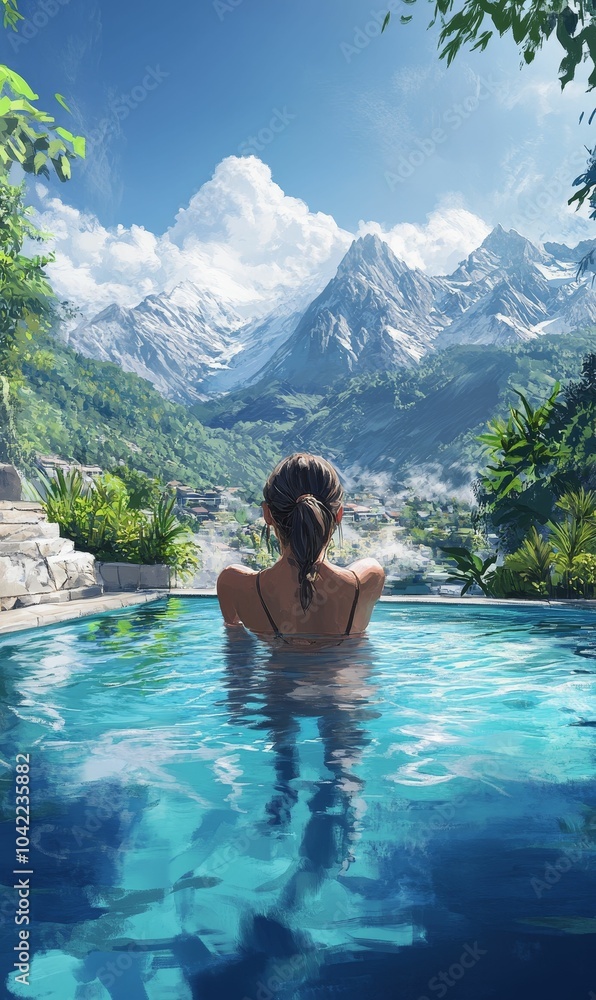 Woman in pool overlooking snowy mountains. Woman in pool overlooking snowy mountains.