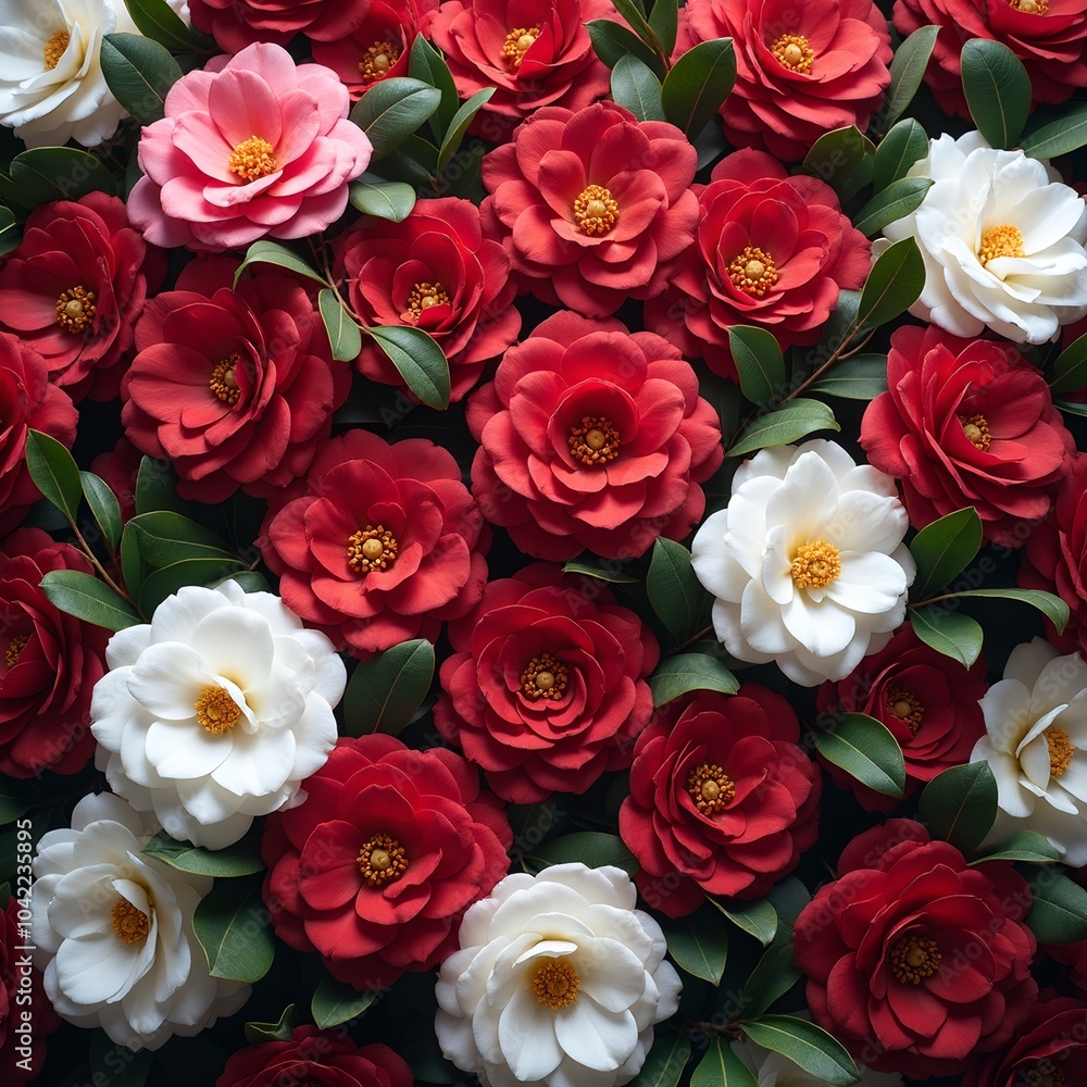 Naklejka premium Vibrant red and white camellias in full bloom creating a rich and luxurious texture