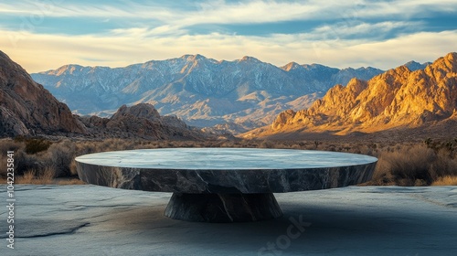 Serene stone table overlooking mountain ridges at dawn with mist in the valleys