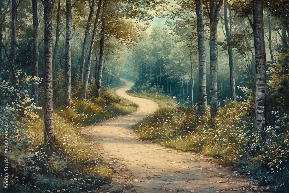 Fototapeta premium A winding road meandering through a peaceful forest.