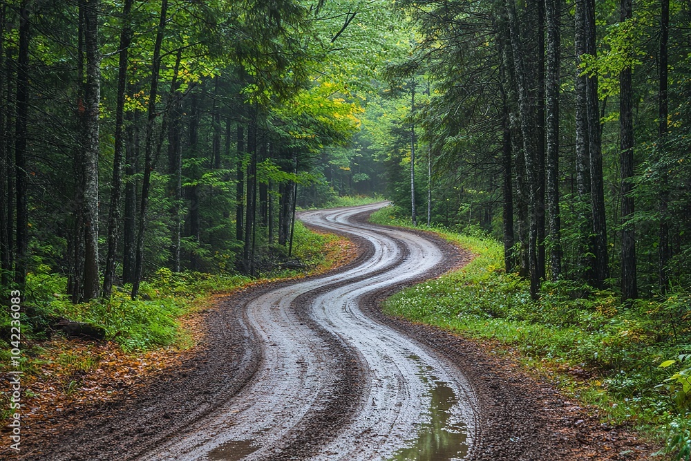 Obraz premium A winding road meandering through a peaceful forest.