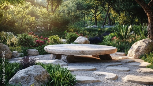 A serene stone table surrounded by lush greenery in a peaceful garden during ...