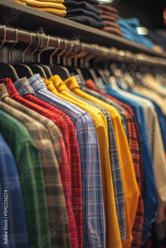 Colorful collection of casual shirts displayed in a clothing store during day...