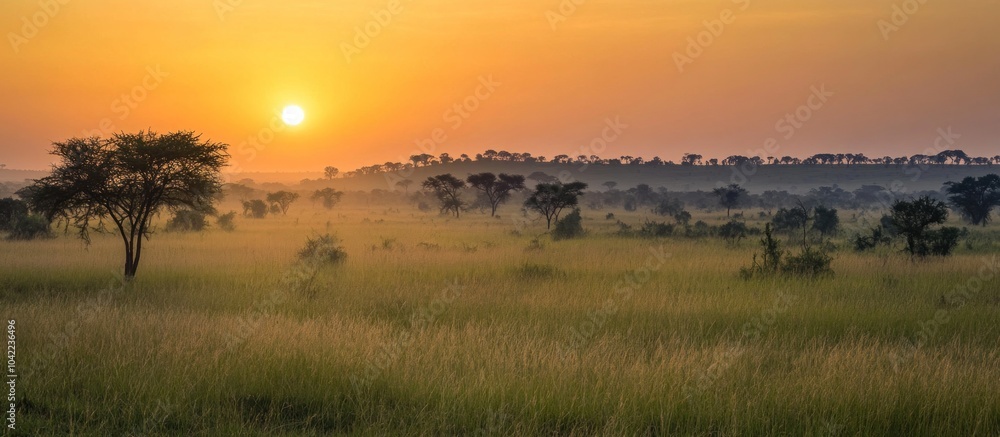 Golden sunrise over a vast savanna landscape with trees and fog, showcasing the beauty of nature. Golden sunrise over a vast savanna landscape with trees and fog, showcasing the beauty of nature.