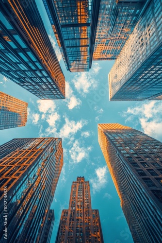 Skyscrapers reaching for the blue sky in a vibrant urban landscape during day...