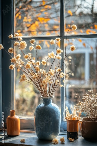 A cozy cafe interior featuring a vase of dried flowers at a wooden table in a...