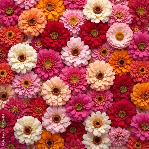 Vibrant zinnias in pink orange and red fill the frame with rich texture