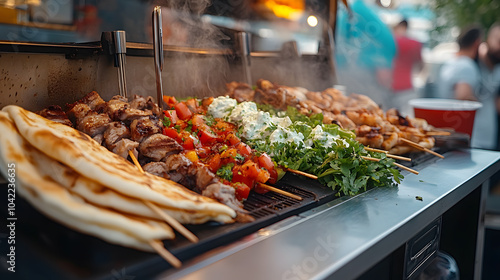 A Greek food truck serving gyros, with pita bread, grilled meat, and fresh tzatziki, shot with a telephoto lens