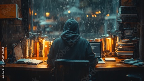 Engaging Late Night Study Session: A Focused Student Deep in Thought at a Wooden Desk Surrounded by Books and Notebooks