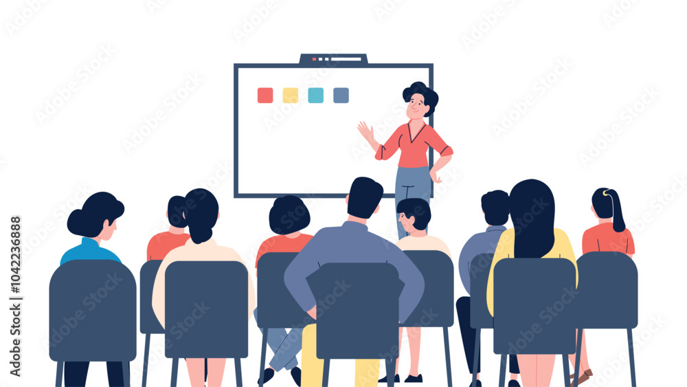 Student on lecture in college or university. Business training for office workers or young entrepreneurs. Female teacher, speaker stang near board, vector scene Student on lecture in college or university. Business training for office workers or young entrepreneurs. Female teacher, speaker stang near board, vector scene