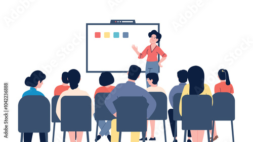 Student on lecture in college or university. Business training for office workers or young entrepreneurs. Female teacher, speaker stang near board, vector scene