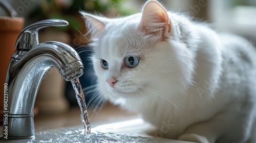 A curious white cat drinks water from a kitchen sink in a cozy home during da...