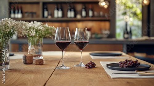 Enjoying red wine and a cozy atmosphere in a rustic setting with elegant glasses