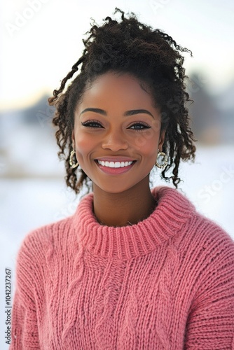 Young woman in a pink sweater smiles warmly against a snowy winter backdrop a...