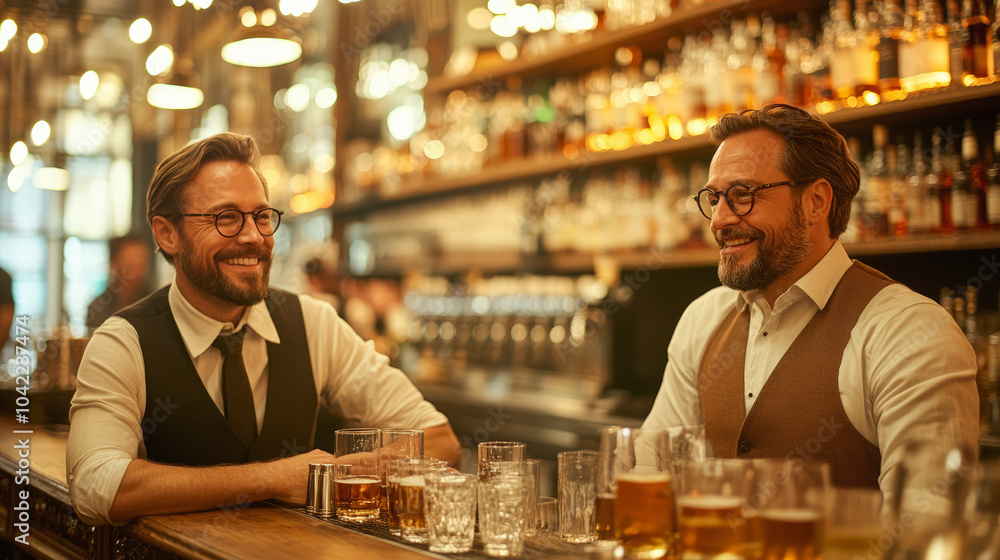 Two men in a warmly lit bar, wearing vests and glasses, engage in a friendly conversation surrounded by drinks and bottles. Two men in a warmly lit bar, wearing vests and glasses, engage in a friendly conversation surrounded by drinks and bottles.