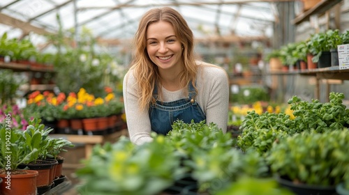 Young woman tending to plants in a vibrant greenhouse on a sunny day