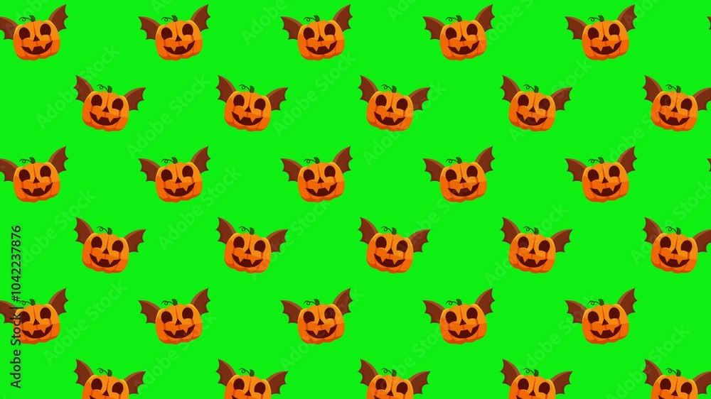 Seamless Halloween Pumpkin with Bat Wings Pattern on Green Background Seamless Halloween Pumpkin with Bat Wings Pattern on Green Background