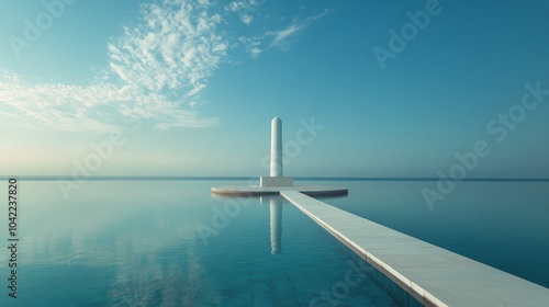 A minimalistic white obelisk reflecting in the tranquil blue waters under a c...