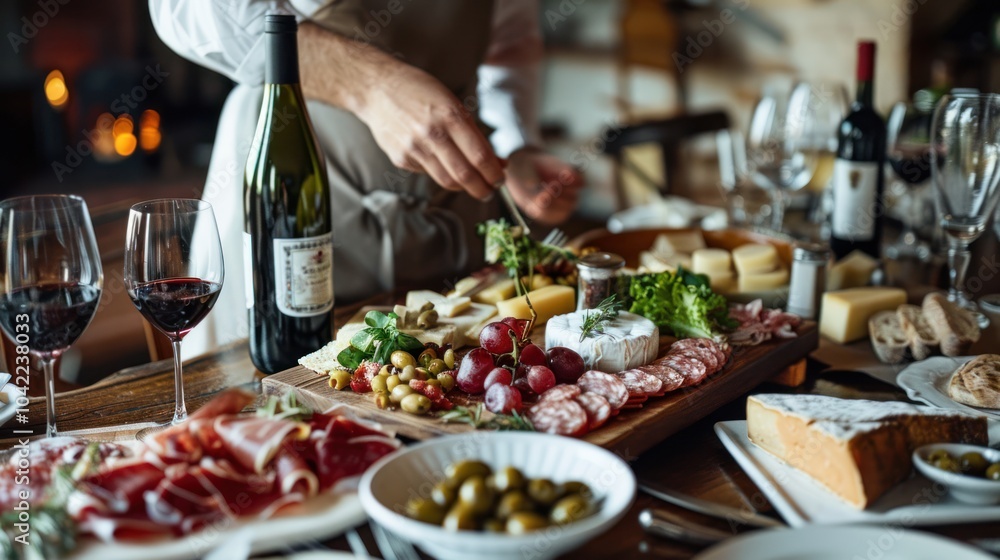 A table setting with wine and cheese A table setting with wine and cheese