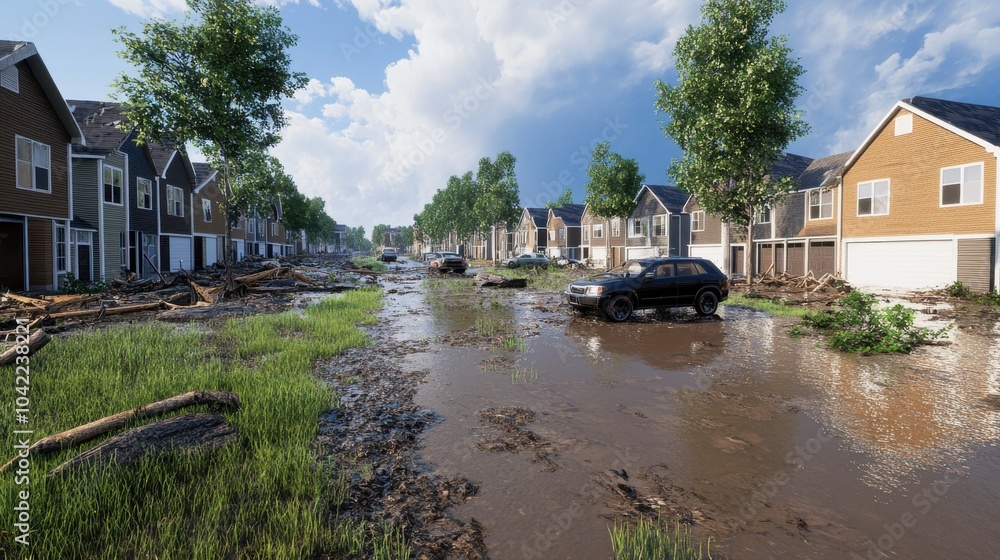 Obraz premium 3D rendering of flood-damaged street with broken road after heavy rain, hyperrealistic scene