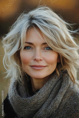 Young woman with flowing blonde hair smiles warmly in a cozy indoor setting d...