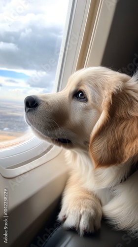 Puppy looking out of an airplane window during a flight over the countryside ...