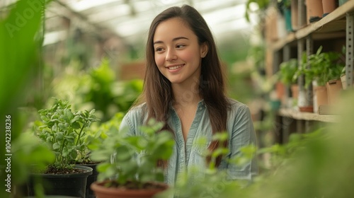 Young woman tending to plants in a vibrant greenhouse on a sunny day