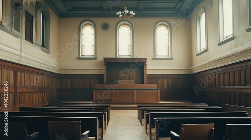 Empty courtroom with wooden benches and a judge's bench. photo