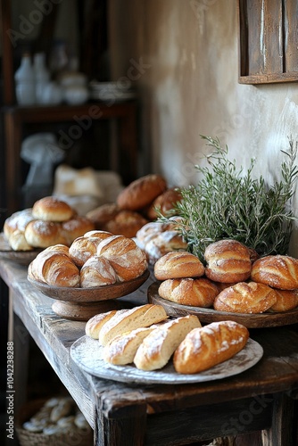 Freshly baked bread and pastries displayed on a rustic wooden table in a cozy...