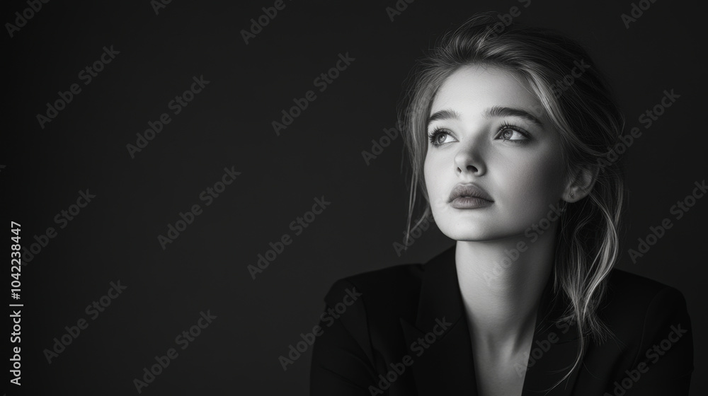 Black and white portrait of a contemplative young woman looking away, with soft lighting highlighting her facial features against a dark background. Black and white portrait of a contemplative young woman looking away, with soft lighting highlighting her facial features against a dark background.