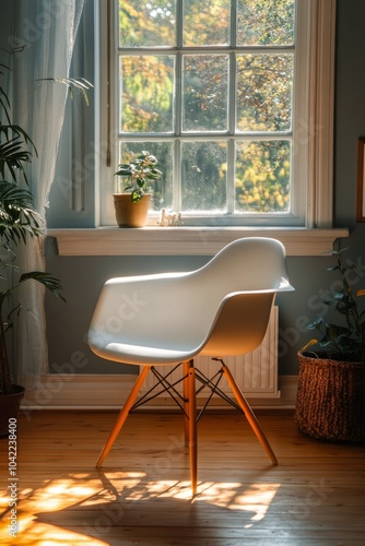 Cozy chair positioned by a sunlit window in a serene indoor setting during da...