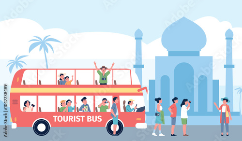 City bus tour. Excursion with guide around city landmarks on red tourist bus. Sightseeing in travel, transportation for travellers groups recent vector scene