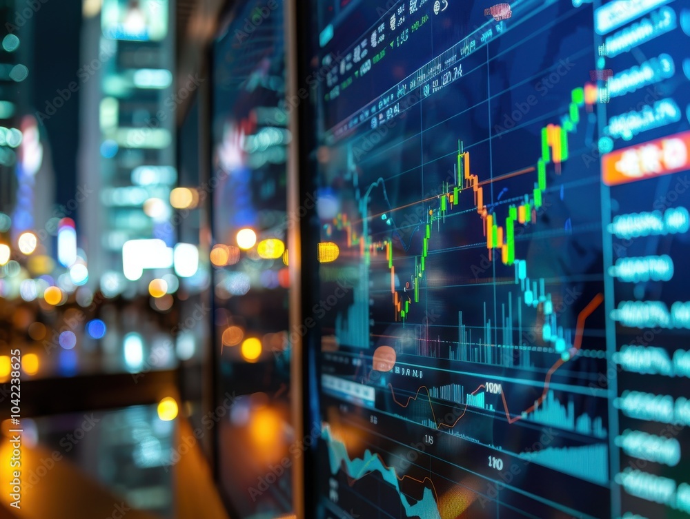 Financial Data Displayed on Screens in a City at Night. Financial Data Displayed on Screens in a City at Night.