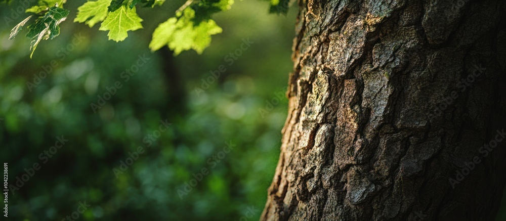 Close-up of a tree trunk with textured bark and green leaves. Close-up of a tree trunk with textured bark and green leaves.