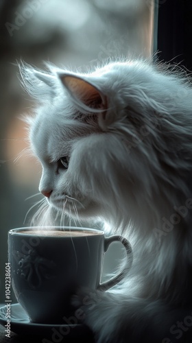 A serene white cat gazes thoughtfully at a steaming cup of tea by the window ...