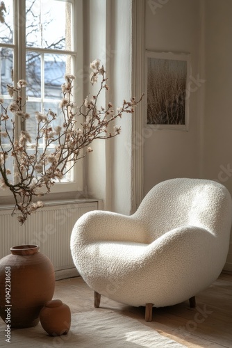 Cozy chair positioned by a sunlit window in a serene indoor setting during da...