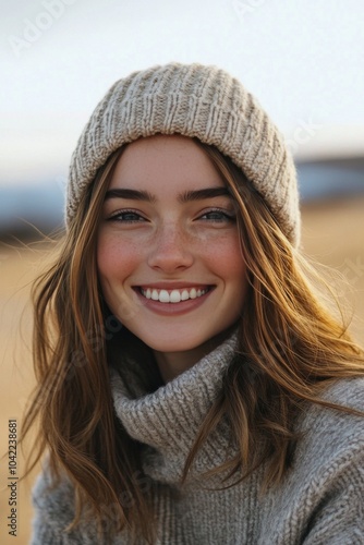 Smiling woman in a gray beanie enjoying the outdoors on a sunny winter day