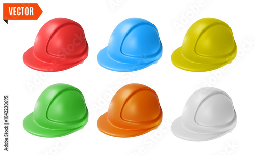 3d Fix and Repair Concept Different Color Builder Helmet Set Cartoon Design Style Isolated on a White Background. Vector illustration