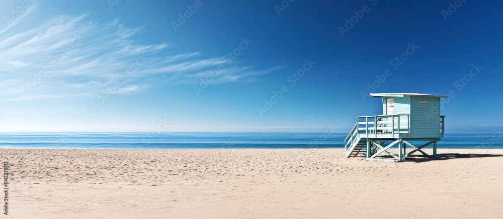 Obraz premium A lone lifeguard stand on a sandy beach with blue sky and ocean in the background.