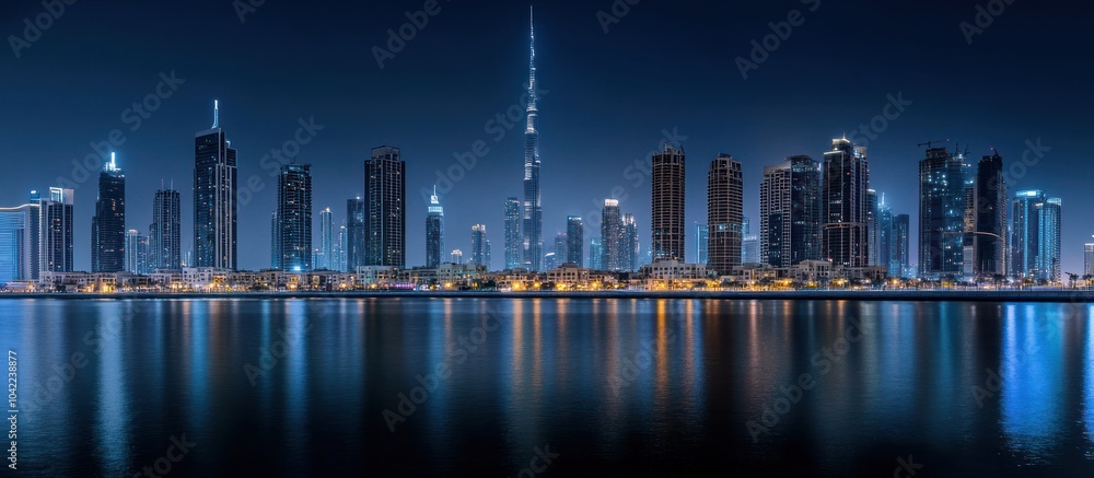 Fototapeta premium Night cityscape with skyscrapers reflecting in the water.