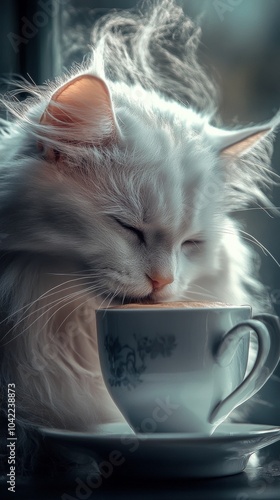 A serene white cat gazes thoughtfully at a steaming cup of tea by the window ...