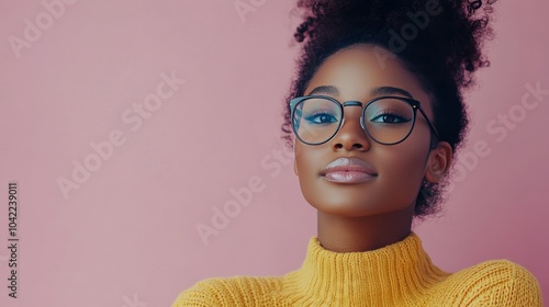 A woman with glasses smiles warmly while wearing a cozy yellow sweater in a c...