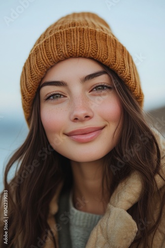Smiling woman in a gray beanie enjoying the outdoors on a sunny winter day