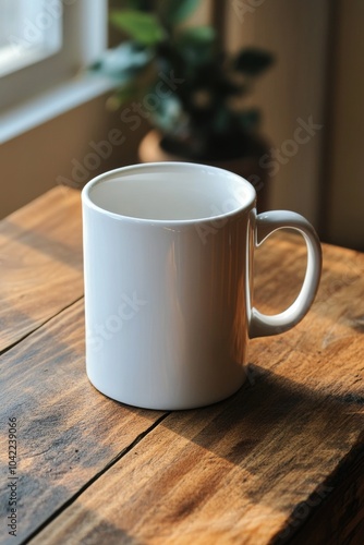 A white mug resting on a wooden table near a window with greenery in the back...
