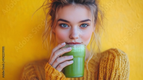 Young woman enjoying a green smoothie against a vibrant yellow background in ...