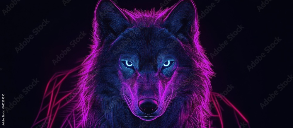 A wolf's head in neon pink and blue light against a black background. A wolf's head in neon pink and blue light against a black background.